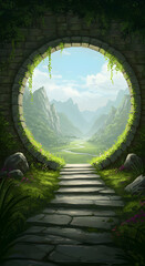 Discover serenity through this mystical stone archway leading to a breathtaking valley landscape