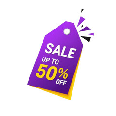 Purple sale tag offering up to fifty percent off