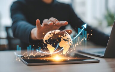 A businessman is using a tablet to analyze a global growth chart with an upward arrow, representing business success