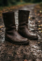 Muddy Brown Leather Boots on a Forest Path