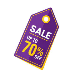 Purple sale tag offering up to seventy percent off discounts