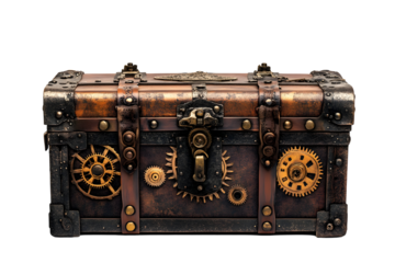 Antique steampunk treasure chest with gears and brass accents