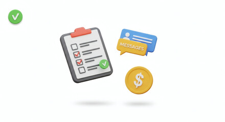 Business task completed list, money and messaging illustration concept for business planning