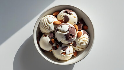 Gourmet Rocky Road Ice Cream Dessert: Mixed Chocolate and Vanilla Scoops with Almonds in an Elegant Bowl - Artisanal Flavors & Creamy Indulgence - Perfect Frozen Treat and Summer Dessert Idea