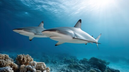 Fototapeta premium Sharks in Blue Sea: Underwater Wildlife, Ocean Life