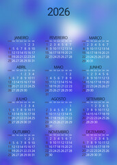 2026 calendar in Portuguese with abstract digital background in blue and fuchsia tones, technological and futuristic style.