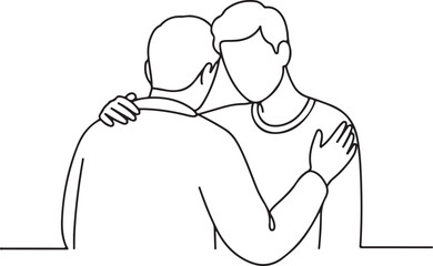 A vector illustration of one person offering comfort and support to another with a compassionate hug in outline.