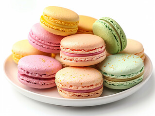 Obraz premium A white plate with colorful macarons stacked neatly, pastel pink, green, and yellow, isolated on white 