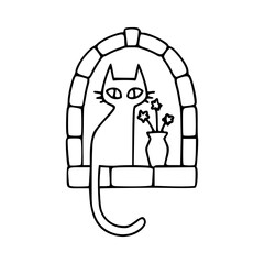 cat sitting in arch window with vase