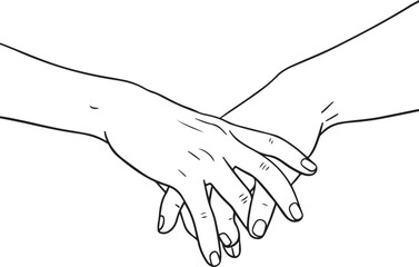 A vector illustration of two hands gently clasped together signifying a delicate connection and shared bond in monochrome.