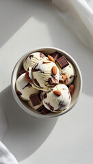 Rocky Road Indulge in Chocolate Swirl Ice Cream with Almond Toppings: Gourmet Homemade Ice Cream in Elegant White Bowl with Rich Nutty Flavor and Chocolate Pieces - Perfect Summer Dessert Treat