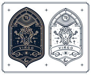 virgo zodiac sign astrology cards set , horoscope, tarot, fortune teller. Vintage mystical illustration outline hand drawing, magical esoteric horoscope templates for wall print poster