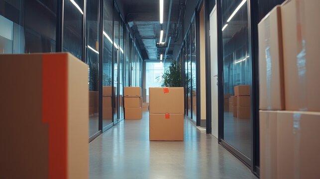 Cardboard boxes stacked in modern office hallway.