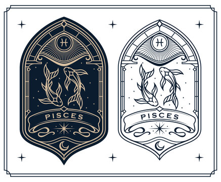 
pisces zodiac sign astrology cards set , horoscope, tarot, fortune teller. Vintage mystical illustration outline hand drawing, magical esoteric horoscope templates for wall print poster
