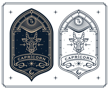 capricorn zodiac sign astrology cards set , horoscope, tarot, fortune teller. Vintage mystical illustration outline hand drawing, magical esoteric horoscope templates for wall print poster