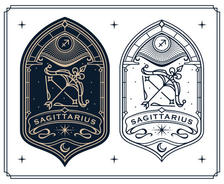 sagittarius zodiac sign astrology cards set , horoscope, tarot, fortune teller. Vintage mystical illustration outline hand drawing, magical esoteric horoscope templates for wall print poster