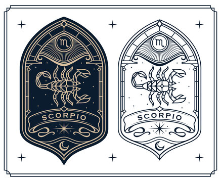 scorpio zodiac sign astrology cards set , horoscope, tarot, fortune teller. Vintage mystical illustration outline hand drawing, magical esoteric horoscope templates for wall print poster