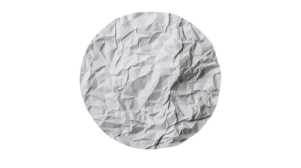 Circular light gray crumpled piece of paper or sticky note with textured wrinkles and soft edges isolated on white background