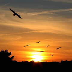 Sunset with silhouette of birds flying