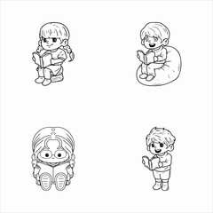 Cute kids reading books black and white illustration.