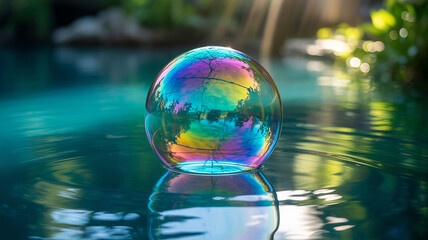 A large iridescent soap bubble floats gently on teal water reflecting a vibrant multicolored landscape of trees and sky