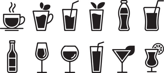 Beverages Icon Set &ndash; Refreshing Drink Symbols Including Coffee, Juice, Soda, and More