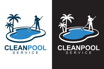 Swimming Pool Cleaning Service Logo &ndash; Vector Illustration of Professional Maintenance with Palm Trees and Cleaner Icon