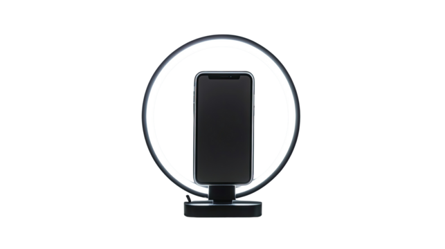Glowing circular ring light illuminating a smartphone device from front with soft light effect and modern tech setup isolated on white background