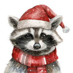 Christmas raccoon wearing a red santa hat and scarf with snow for holiday celebration, winter season greeting card.