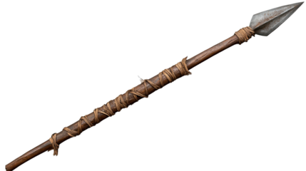 Handcrafted spear with sharp metal tip and sturdy wooden shaft featuring traditional design isolated on white background