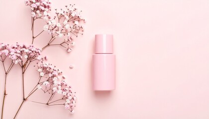 Minimalist Pink Skincare Jar with Baby’s Breath Flowers – Elegant Beauty Product Flat Lay