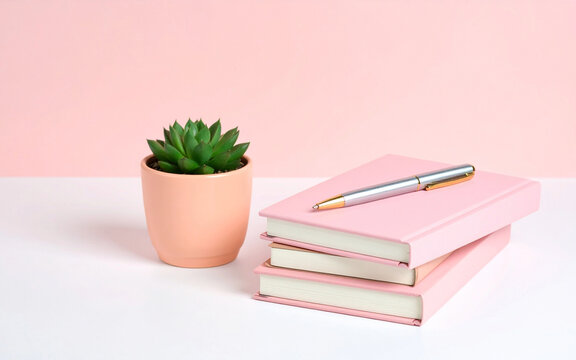 Minimal Workspace with Pink Notebooks, Pen, and Succulent Plant 