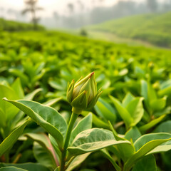 Green tea bud and leaves Green tea plantations in morning Nature background