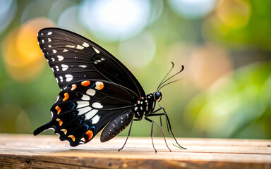Stunning Black Swallowtail Butterfly on Wooden Surface 