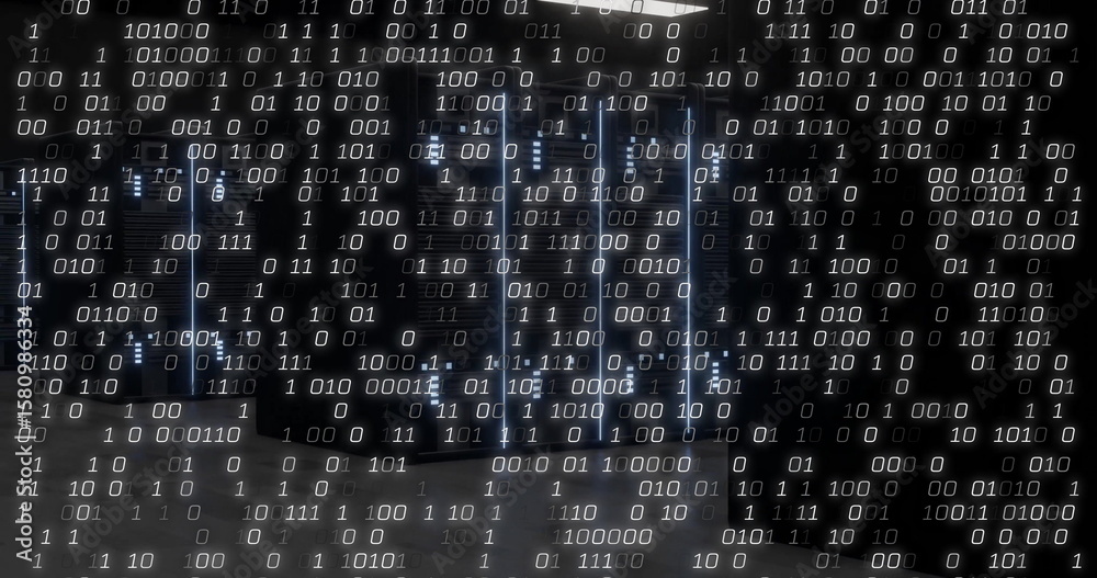 Poster glowing server racks illuminating data center floor, with led status lights and binary code overlay