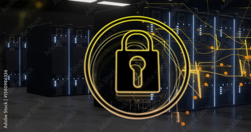 Poster displaying glowing yellow padlock icon within rings in server room with abstract network lines
