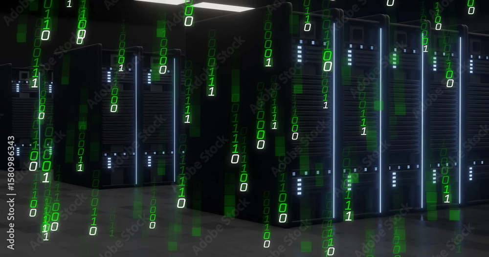Poster illuminating central server racks streaming binary code in data center, with led strips