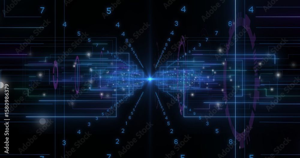 Poster pulsing glowing blue hub sending neon-blue circuit lines into digital void, with numeric data nodes