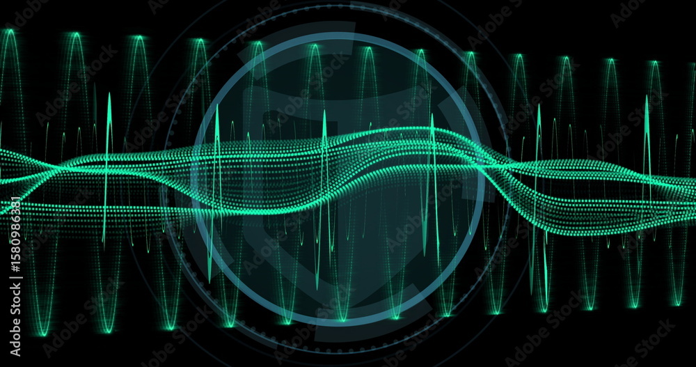 Poster displaying abstract neon green waveform undulating on data screen, with dotted line and hud rings