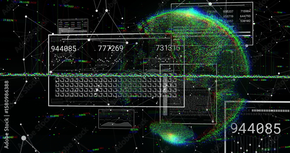 Poster Displaying interface overlay showing numeric readouts in digital network, with colorful data sphere