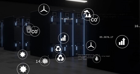 Showcasing three server cabinets with glowing blue LED lights, eco icons and code in data center