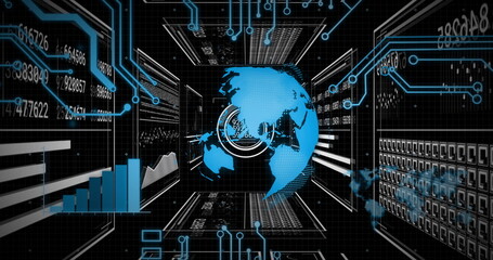 Floating blue Earth globe rotating inside data tunnel, with bar chart and circuit overlays