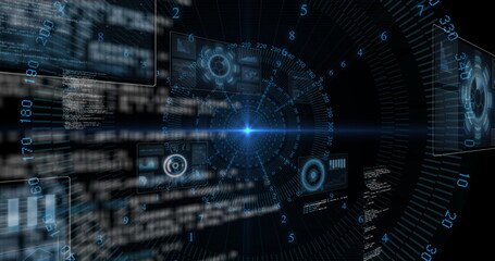 Naklejka premium Central glowing UI focal point pulsing in virtual space, with panels and scrolling code streams