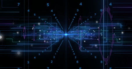 Fototapeta premium Pulsing glowing blue hub sending neon-blue circuit lines into digital void, with numeric data nodes