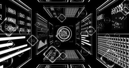 Displaying central circular data readout panel in digital tunnel, with white screens and 5G icons