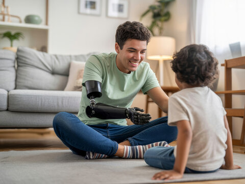 Young adult with prosthetic arm sitting on floor, smiling and engaging with small child in cozy living room setting, creating warm and joyful atmosphere