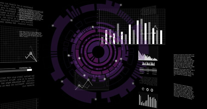 Displaying purple HUD in digital dashboard, showing bar charts scatter plots grid panels and text