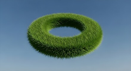 A unique, floating green grass ring set against a clear, expansive blue sky. This innovative natural form offers a fresh and organic visual element for creative design project