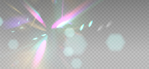 Rainbow reflection light prism effect with blue blur sparks on light background. Hologram glass dispersion, crystal flare leak shadow overlay. Vector transparent illustration © LanaSham