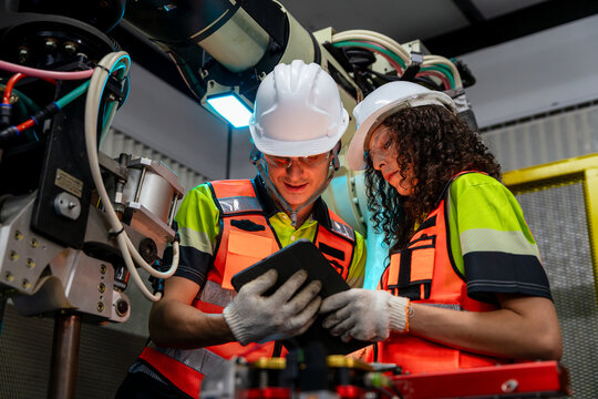 Two people wearing orange vests and white helmets are looking at a tablet. Team of engineers collaborating on programming and maintenance of a robotic arm in a smart factory.